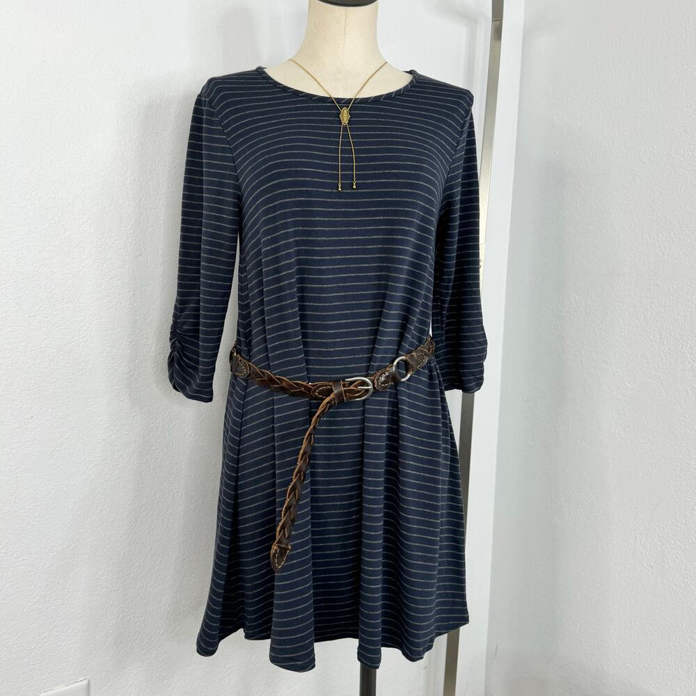 Garnet Hill Striped Mini T-Shirt Dress 3/4 Sleeves Navy Size Medium - Picture 1 of 8
